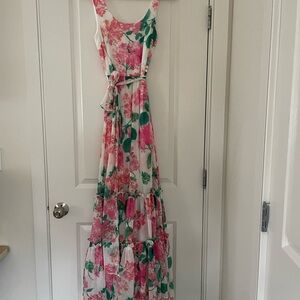 Calvin Klein White Maxi Dress with Pink & Green Floral Print